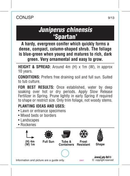 A plant care tag for the Juniperus 'Spartan' Conifer, detailing its size, growth conditions, and uses in landscaping, with an illustration showing height, spread, and shape.