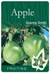 Label with image of two green apples on a tree branch. Text reads "Malus 'Granny Smith' Apple" with a leaf symbol and the word "FRUITING" at the bottom.