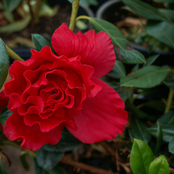 The Azalea 'Super Red' in a 10" pot features vibrant red blooms surrounded by dark green leaves and stems for a striking display.
