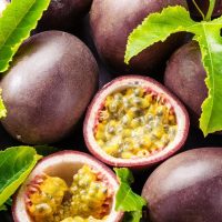 Whole and halved passion fruits with yellow pulp, nestled among green leaves and Jasmine 'Angel Wings' blooms in an 8" pot.