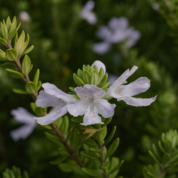 A close-up of Westringia glabra 'Violet Westringia' shows its small light purple petals blooming among green leaves and stems, with more flowers softly blurred in the background.