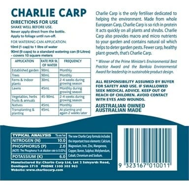 Label of a 1L Charlie Carp All Purpose Liquid Fertilizer Concentrate bottle detailing usage instructions, benefits, typical analysis (nitrogen, phosphorus, potassium levels), and safety information. Contains a barcode and contact details.