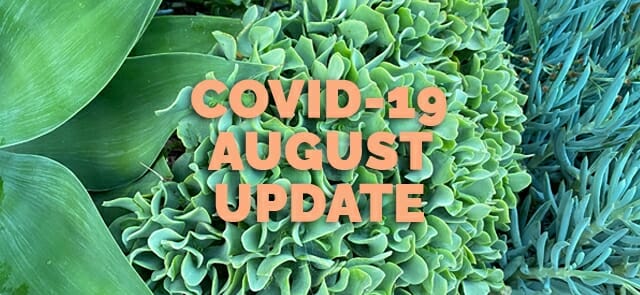 Text "COVID-19 August Update" is overlaid on a background of lush green plants.