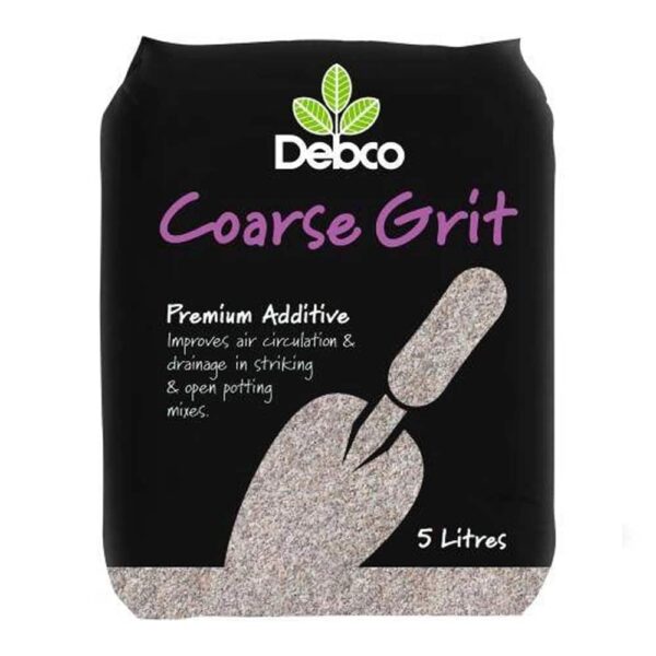 A 5-liter bag of Debco Professional Coarse Grit 5L, labeled as a premium additive for improving air circulation and drainage in striking and open potting mixes. This professional-grade product comes in a black bag with a green leaf logo.