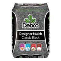 Bag of Debco Designer Mulch Classic Black 40L, with icons indicating it decorates gardens, conserves water, restricts weeds, and insulates soil.