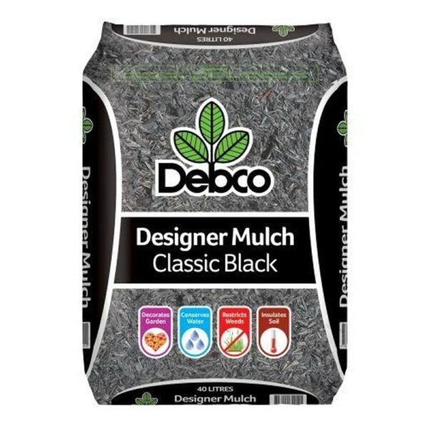 Bag of Debco Designer Mulch Classic Black 40L, with icons indicating it decorates gardens, conserves water, restricts weeds, and insulates soil.