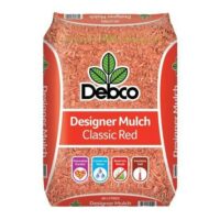A bag of Debco Designer Mulch Classic Red 40L, perfect for garden decoration, water conservation, weed restriction, and soil insulation.