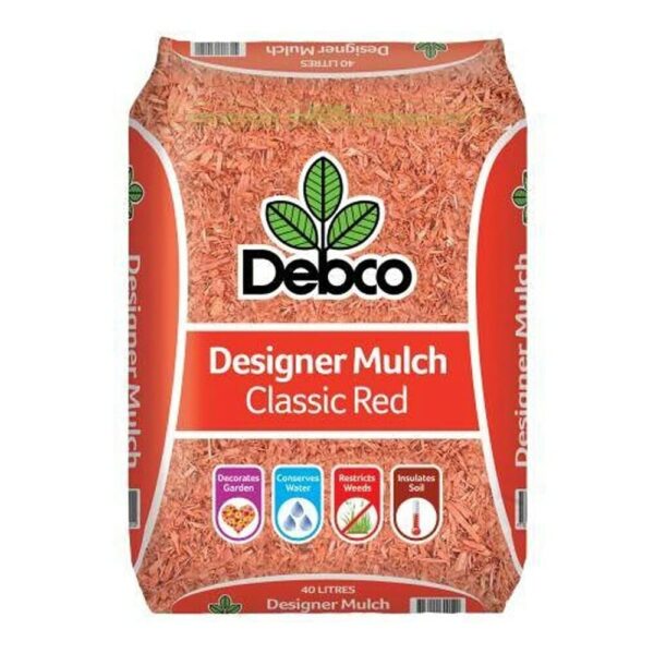 A bag of Debco Designer Mulch Classic Red 40L, perfect for garden decoration, water conservation, weed restriction, and soil insulation.