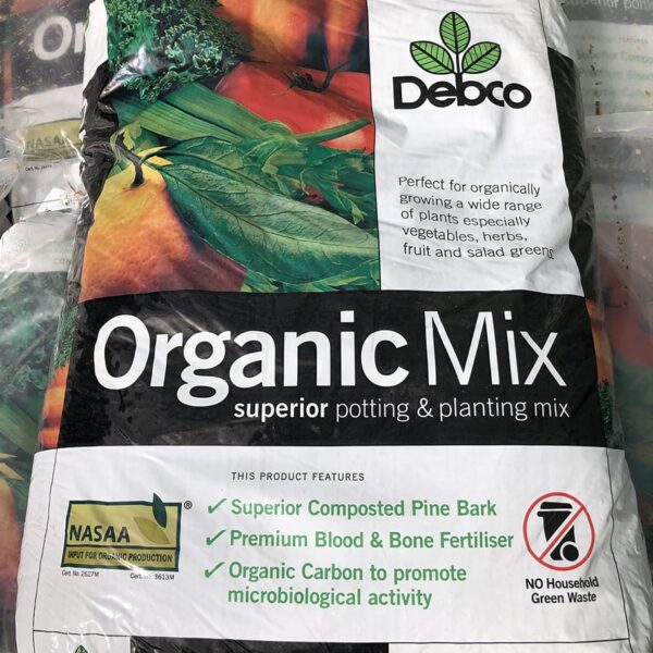 Debco Superior Organic Potting & Planting Mix 25L. Features include superior composted pine bark, premium blood and bone fertiliser, organic carbon, and a 25-liter capacity.