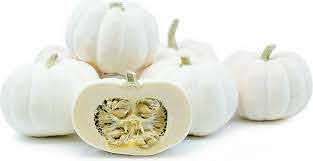 Five small Pumpkin 'Baby Boo White' are displayed, one sliced to reveal the seeds and flesh. Ideal for fall decor, each comes in a 4" pot.