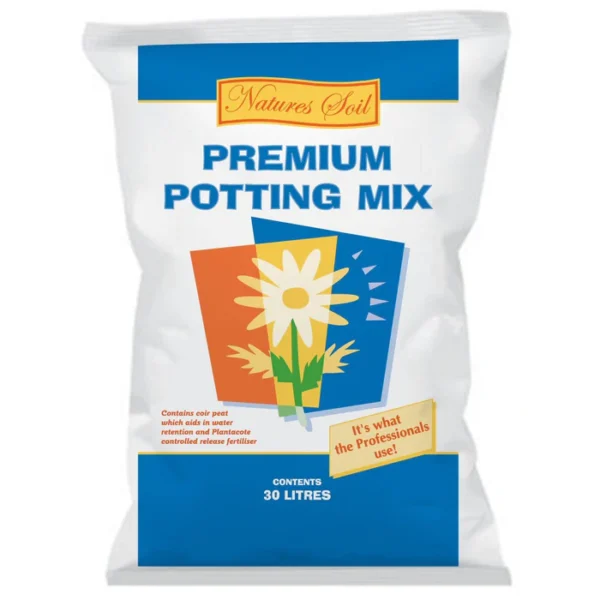 A white bag labeled "Nature's Soil Premium Potting Mix 30L" displays stylized flowers and clear text showing it contains potting mix.