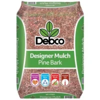 Debco Designer Mulch Pine Bark 40L is a premium pine bark mulch featuring icons for garden, water retention, weed control, and insulation benefits.