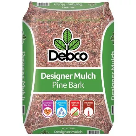 Debco Designer Mulch Pine Bark 40L is a premium pine bark mulch featuring icons for garden, water retention, weed control, and insulation benefits.