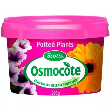 A 500g pack of Osmocote Controlled Release Fertiliser: Potted Plants displays vibrant flowers on its label.