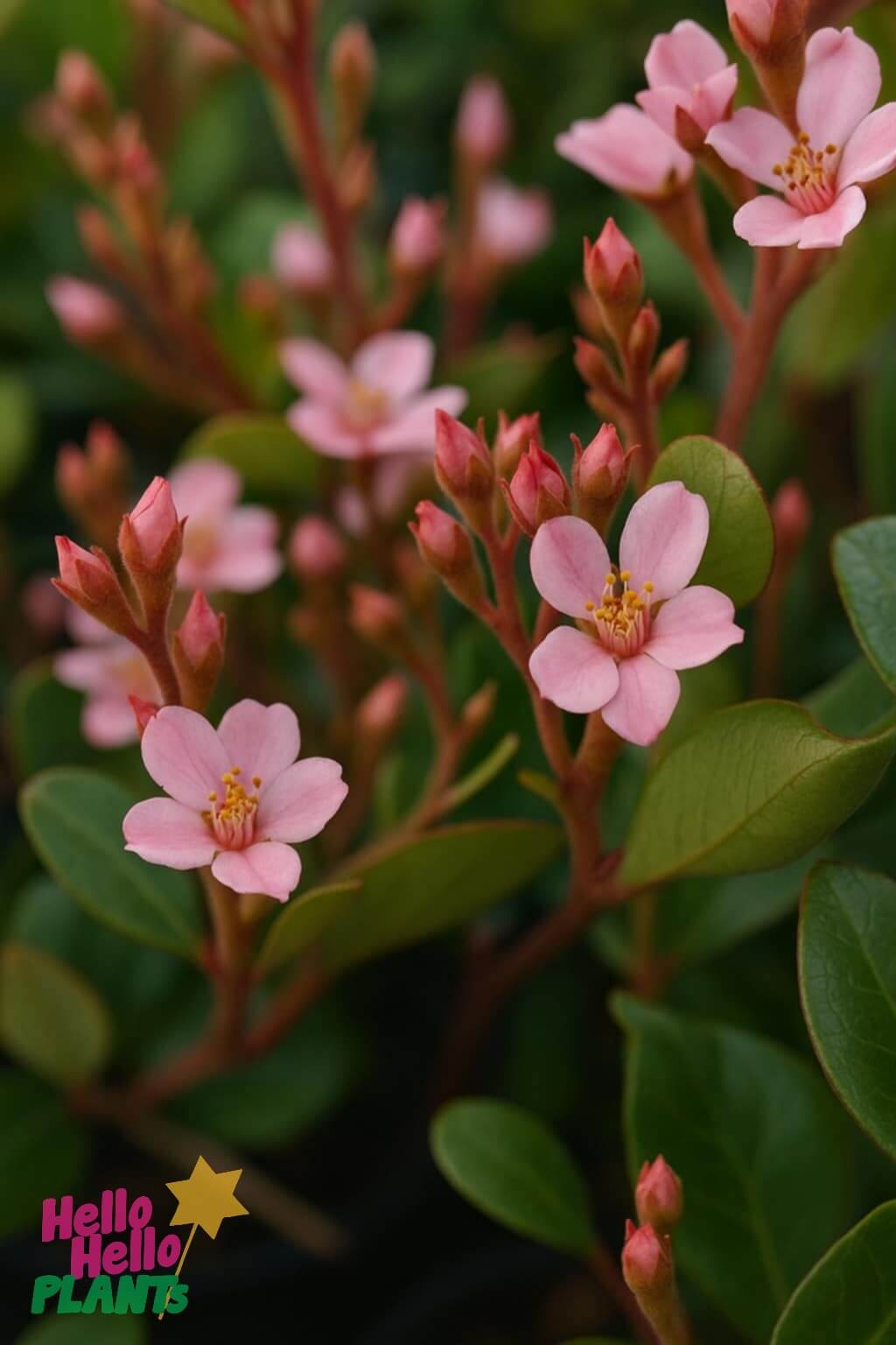 Close-up of Rhaphiolepis 'Springtime' Indian Hawthorn in a 6" pot, showing small pink flowers and green leaves, with the "Hello Hello Plants" logo in the bottom left corner.