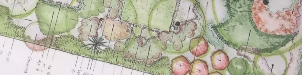 A drawing of a modern garden plan is shown.