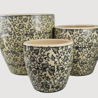 Three black and white vases with floral designs.
