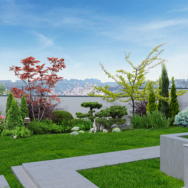 Modern backyard with oriental inspired background, 3D rendering