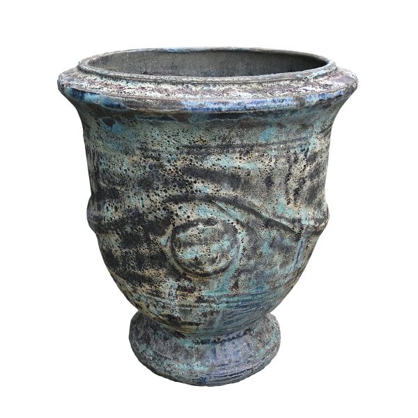 Large Seafoam French Urn Aqua planter, 60x67cm, with a weathered ceramic finish, round base, wide opening, and textured greenish-blue and black spotted surface.
