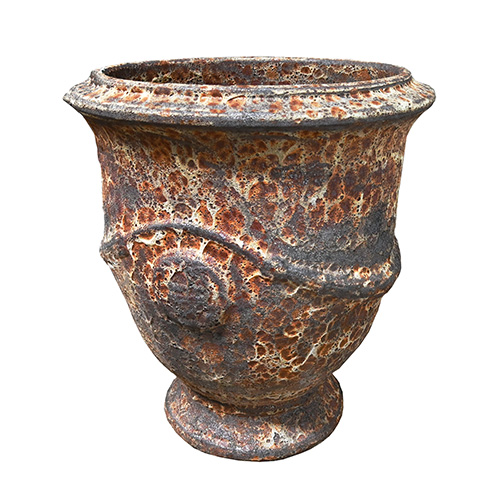 Seafoam French Urn Copper 42x48cm M with a rust-coloured, textured, mottled surface and a wide opening, displayed against a white background.