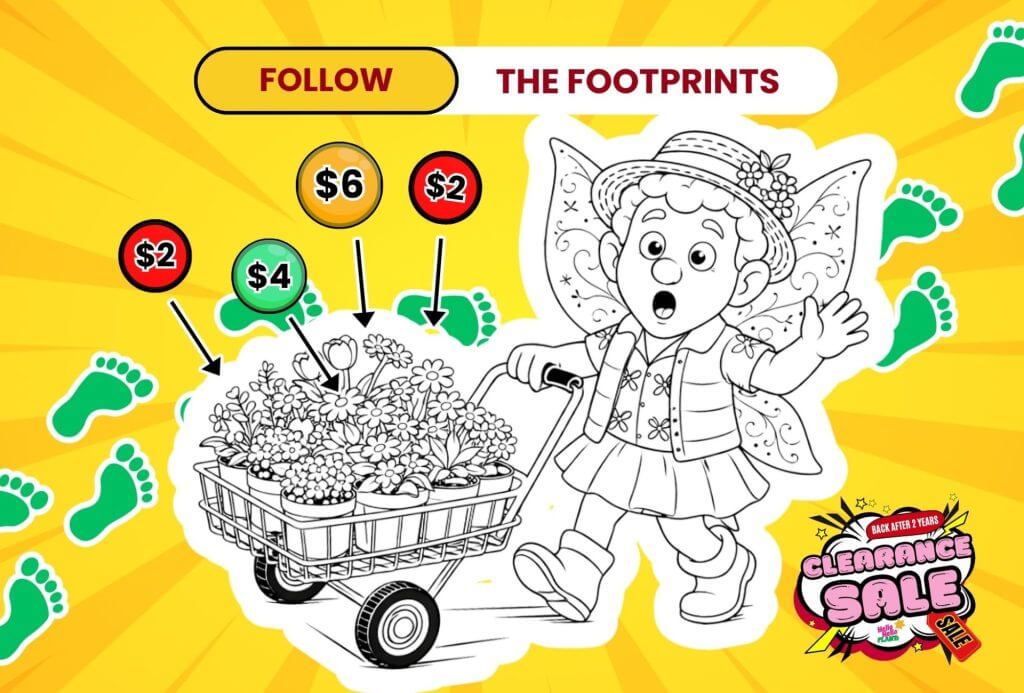 Black and white cartoon of a child in fancy dress pushing a flower-filled trolley with coloured price tags, green footprints, and a bright "Plants & Trees for £1" sign on a yellow background promoting a clearance sale.
