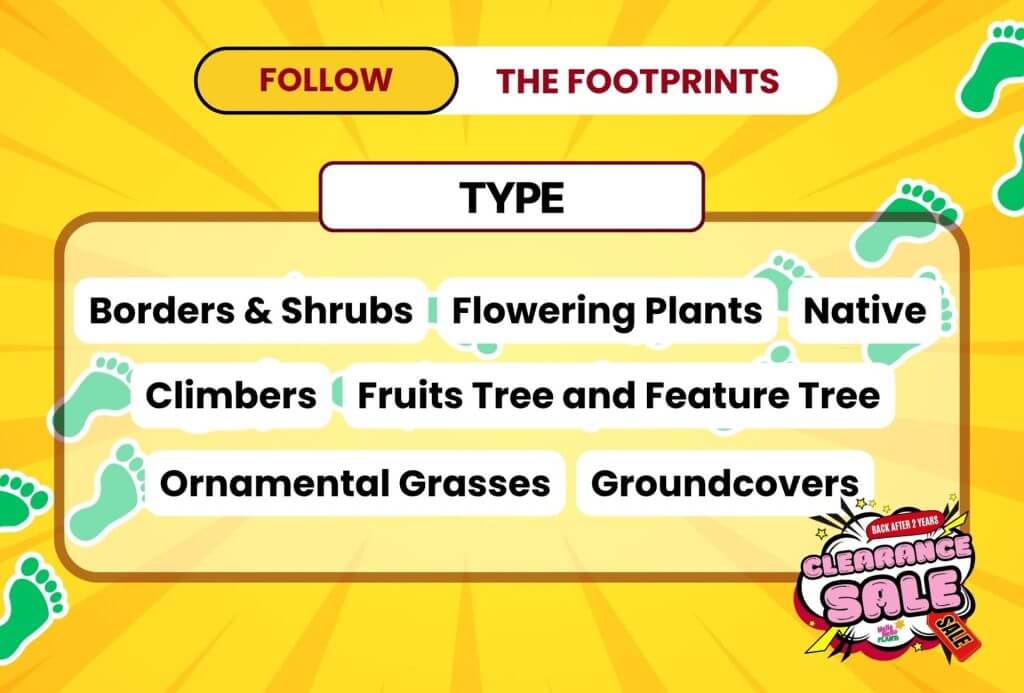 A colourful graphic lists plant types: Borders & Shrubs, Flowering Plants, Native, Climbers, Fruit Tree and Feature Tree, Ornamental Grasses, and Groundcovers. "Clearance Sale" highlights select Plants & Trees for £1.