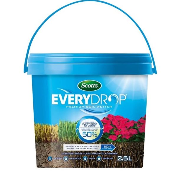 Sentence with product name: Blue bucket of Scotts 'Everydrop Wetting Agent' 2.5L, labeled to reduce water usage by 50%.