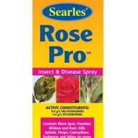 A box of Searles Rose Pro insect and disease spray, detailing active ingredients and warnings, featuring an image of roses.