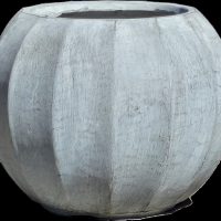 The GeoLite Ribbed Sphere Planter Grey Wash M 36x28cm features a round, gray, concrete design with a textured surface and vertical grooves, all finished in a stylish Grey Wash. Measuring 36x28cm, it elegantly stands on a dark base.