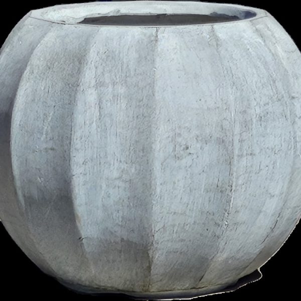The GeoLite Ribbed Sphere Planter Grey Wash M 36x28cm features a round, gray, concrete design with a textured surface and vertical grooves, all finished in a stylish Grey Wash. Measuring 36x28cm, it elegantly stands on a dark base.