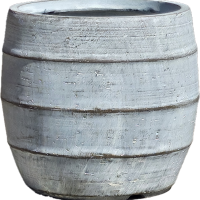 The GeoLite Lined Barrel Grey Wash S pot (34x31cm) features a barrel-shaped, textured grey design with visible horizontal ridges and a slightly weathered look.