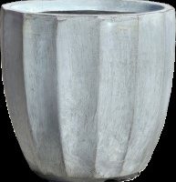 A sturdy, round GeoLite Ribbed Olive Grey Wash S 32x31cm pot features vertical ridges and a slightly tapered base, crafted from concrete.