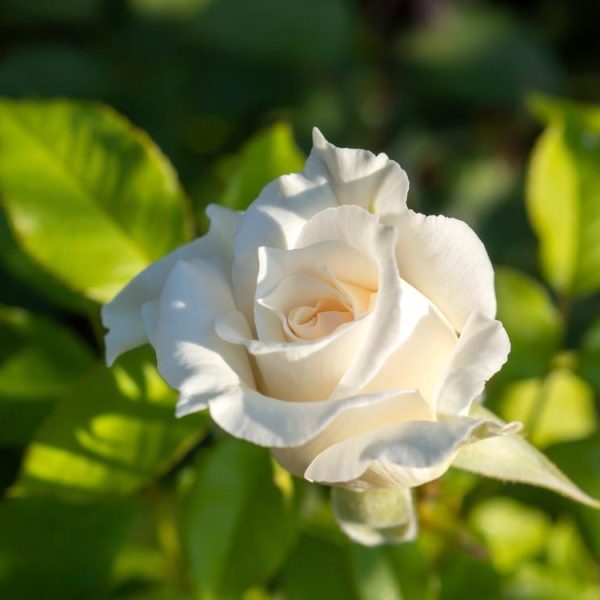 A white rose in full bloom, reminiscent of the elegance of a Rose 'Full SA' Bush Form, with green leaves in the background, captured in bright daylight.