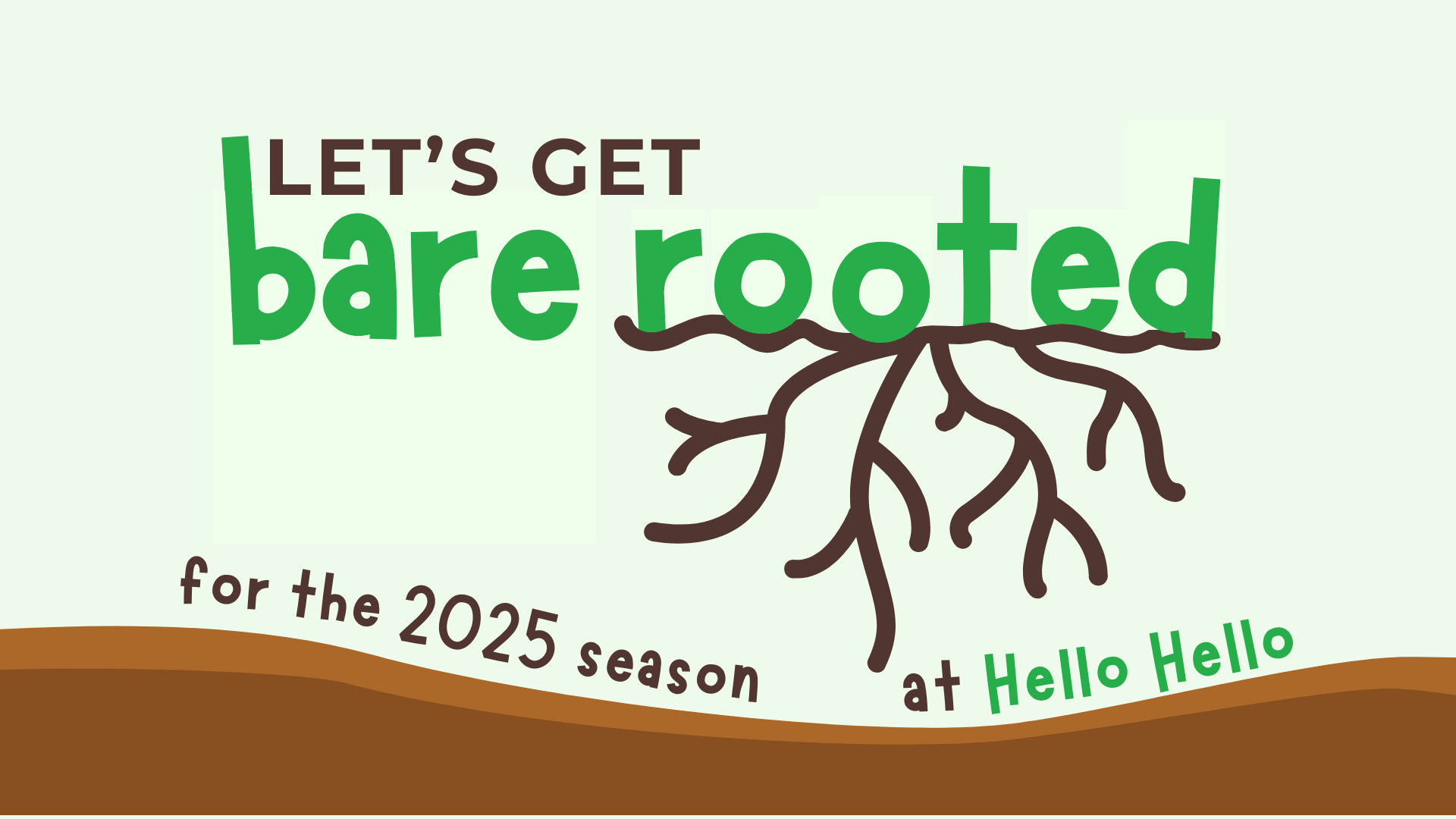 Text graphic with "Let's get bare rooted" featuring illustrated roots and "for the 2025 Bare Rooted season at Hello Hello" on a background of stylized soil.