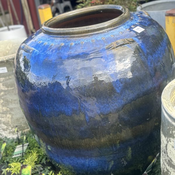 A large Cleopatra Urn Nile Blue 90x110cm stands outdoors, surrounded by a lush array of small green plants.