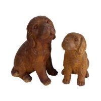 Two brown dog statues, one larger and one smaller, sit side by side against a white background. The statues are from UrbanCrete Deep Bowl Cement S 70x61cm (Copy).