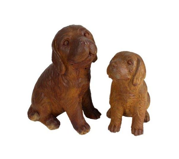 Two brown dog statues, one larger and one smaller, sit side by side against a white background. The statues are from UrbanCrete Deep Bowl Cement S 70x61cm (Copy).