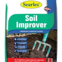 A 30L bag of Searles '5 in 1 Organic Fertiliser' featuring highlighted benefits such as adding nutrients and enhancing soil structure, along with an image of a garden tool in the soil. Enriched with Pyrethrum, it also helps protect your plants from pests.