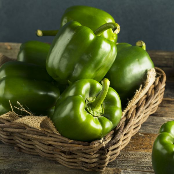 A wicker basket filled with Capsicum 'Big Bertha Green' bell peppers in their 4" pots, a true bounty of fresh produce, sits on a wooden surface, with a few bell peppers scattered around it.