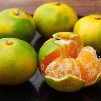 Five vibrant citrus 'Hickson' mandarins, one peeled and four whole, rest elegantly on a dark surface.