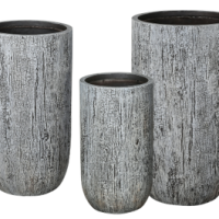 The image showcases three GardenLite Tall U Pots in varying heights, each featuring a textured gray finish that resembles cement.