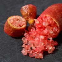 Close-up of a sliced Citrus 'Red Centre' Finger Lime from a 7" pot, showcasing its caviar-like, translucent pink citrus pulp spilling out onto a dark surface.