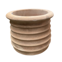 Clay pot with a ribbed design and a rounded rim.