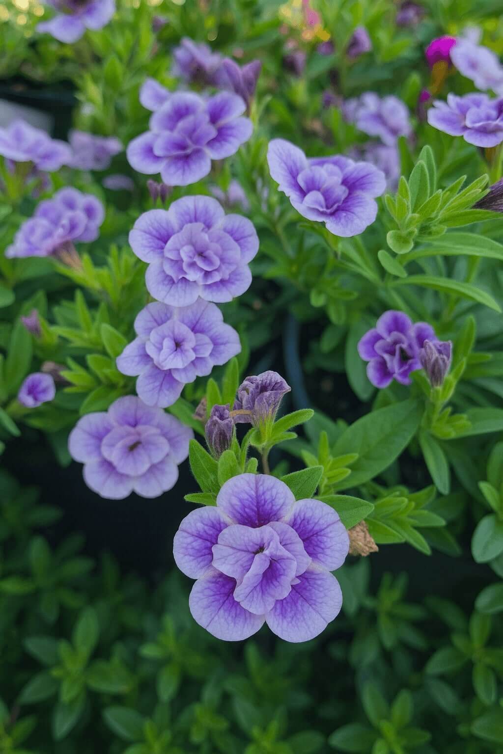 Close-up of lush green foliage with clusters of small, vibrant purple flowers in bloom, showcasing the striking beauty of Calibrachoa 'Double Plumtastic'.