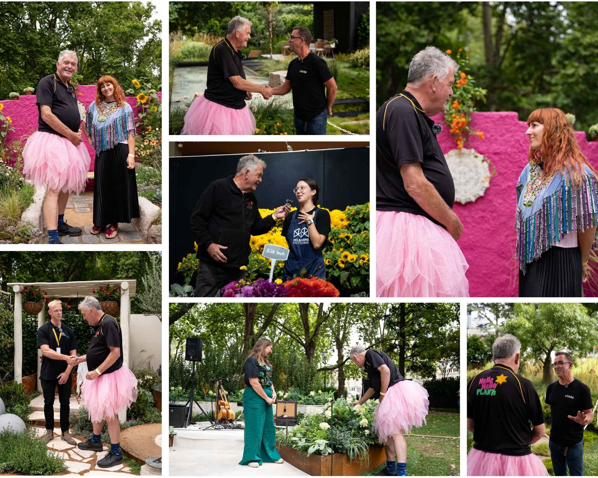 People in colorful outfits, including pink tutus, interact outdoors, embracing the many benefits of gardening. They shake hands, pose, and talk near plants and a bright wall.
