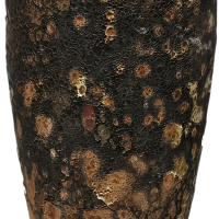 A tall, textured brown and black ceramic vase with a rustic, mottled appearance reminiscent of the Seafoam Cylinder Planter Dark Grey M 30x30cm.