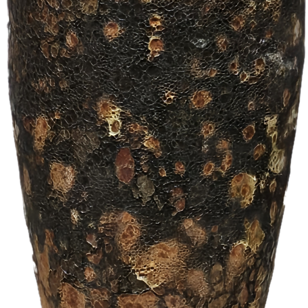 A tall, textured brown and black ceramic vase with a rustic, mottled appearance reminiscent of the Seafoam Cylinder Planter Dark Grey M 30x30cm.