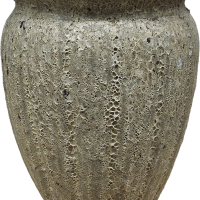 The Sorrento Sofia Urn in Coral Black, sized 34x43cm, features a textured round stone design with a wide rim and porous surface, adding elegance to any space.