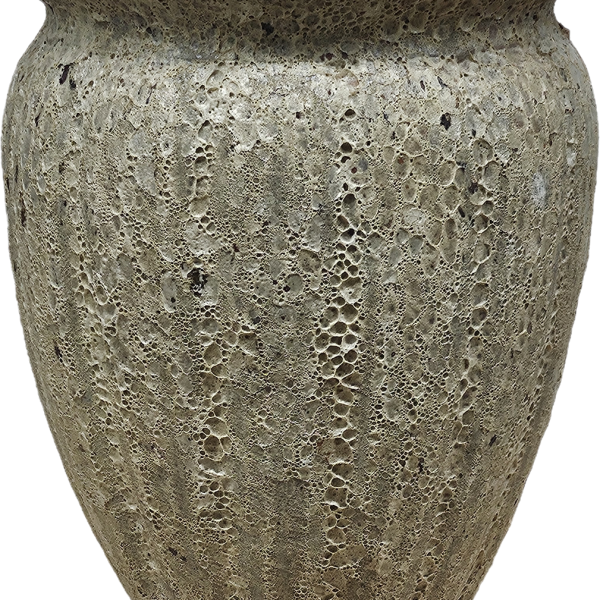 The Sorrento Sofia Urn in Coral Black, sized 34x43cm, features a textured round stone design with a wide rim and porous surface, adding elegance to any space.