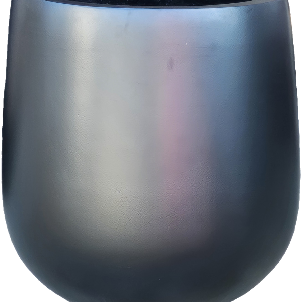 The Vaucluse Sphere Pot Black 50x55cm is a large, smooth, rounded planter with a shiny metallic gray finish and an open top, perfect for making a statement in any garden or indoor space.